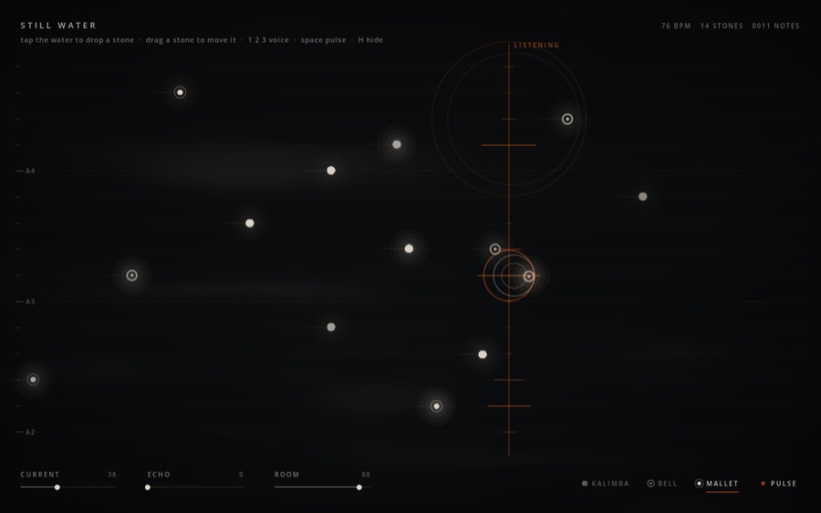 Still Water: stones of light drifting across a dark river towards an orange listening line