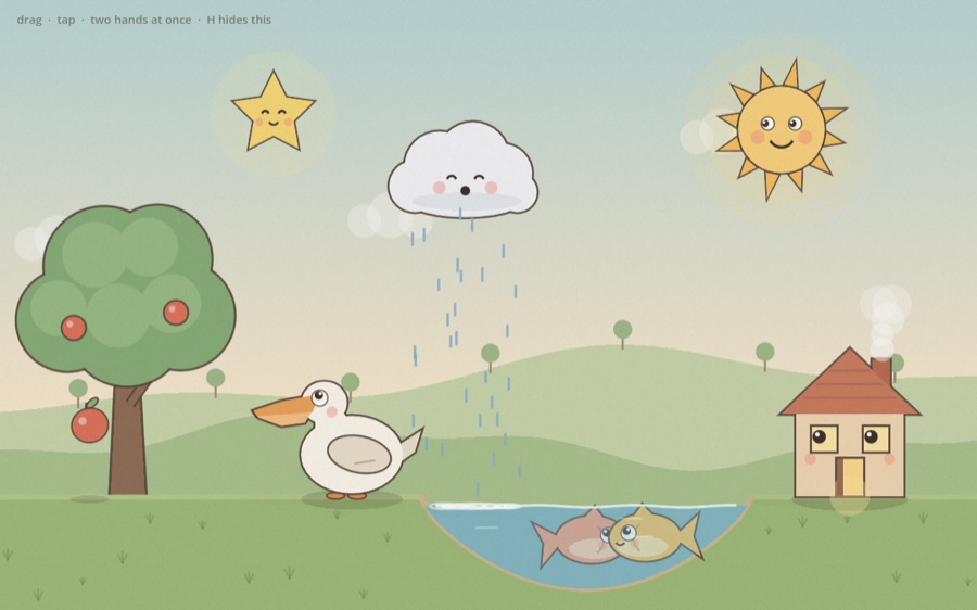 Story Stage: a picture-book meadow with a pelican, a raining cloud, a sun, a star and a little house