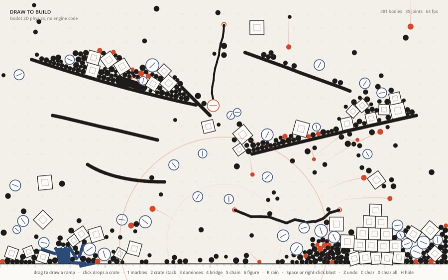 Draw to Build: ink ramps on dotted paper covered in marbles, crates and dominoes mid-blast