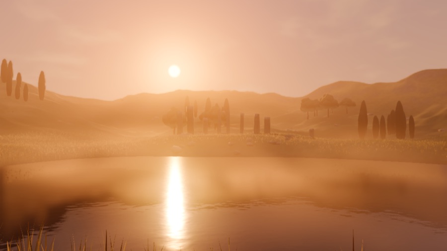 Godot World: a lake at golden hour with standing stones and cypress trees in mist